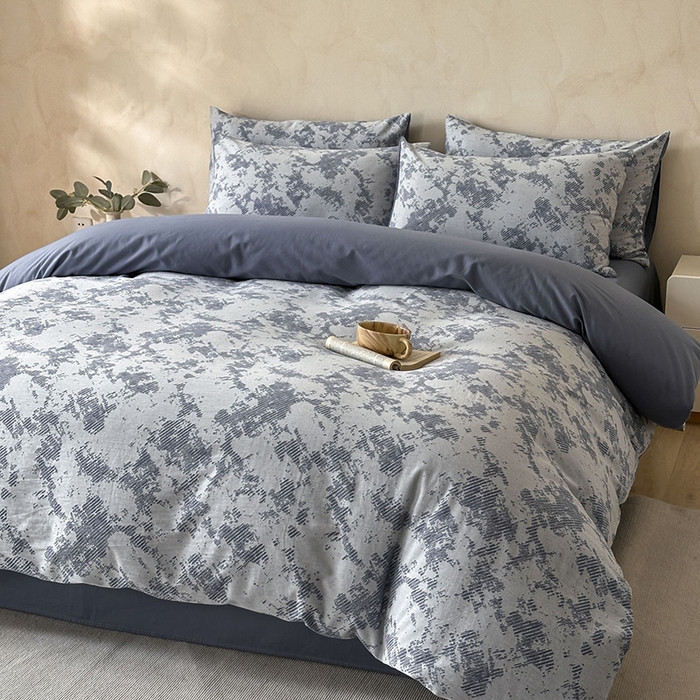 91家纺网 家纺一手货源 找家纺 小叮当家纺仓储工厂店 2025新款(买家秀 不断货)亲肤A类母婴级全棉纯棉三层纱色织提花磨毛四件套素影 素影-静谧-蓝