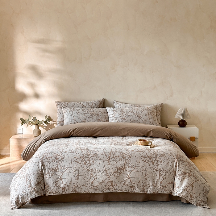 91家纺网 家纺一手货源 找家纺 小叮当家纺仓储工厂店 2025新款(买家秀 不断货)亲肤A类母婴级全棉纯棉三层纱色织提花磨毛四件套素影 素影-烟花-咖