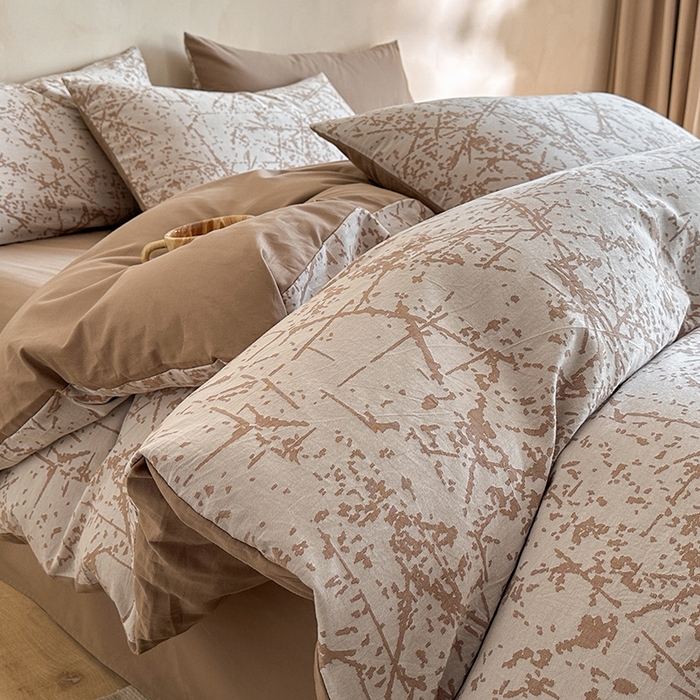 91家纺网 家纺一手货源 找家纺 小叮当家纺仓储工厂店 2025新款(买家秀 不断货)亲肤A类母婴级全棉纯棉三层纱色织提花磨毛四件套素影 素影-烟花-咖