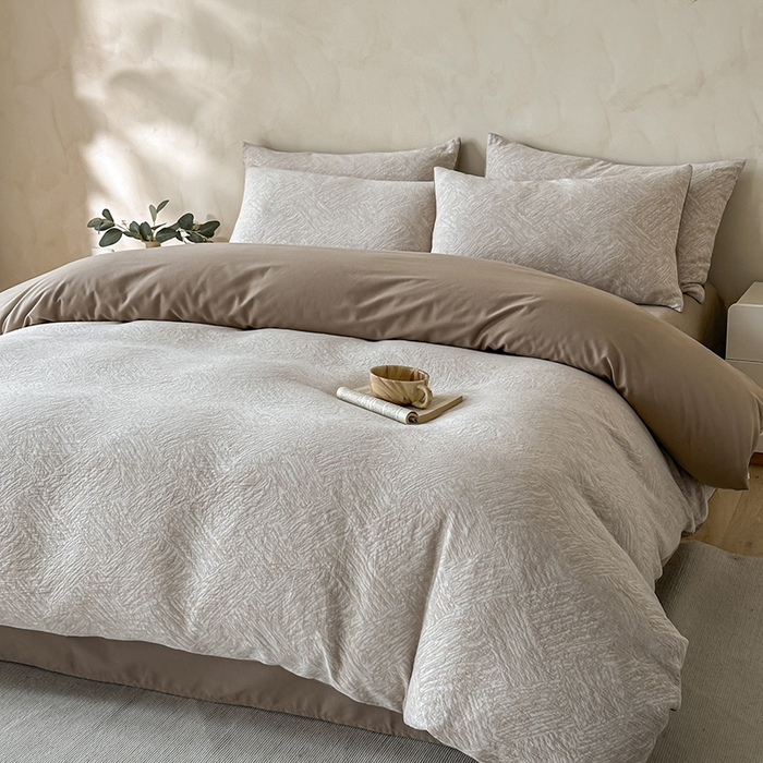 91家纺网 家纺一手货源 找家纺 小叮当家纺仓储工厂店 2025新款(买家秀 不断货)亲肤A类母婴级全棉纯棉三层纱色织提花磨毛四件套素影 素影-本色-米咖