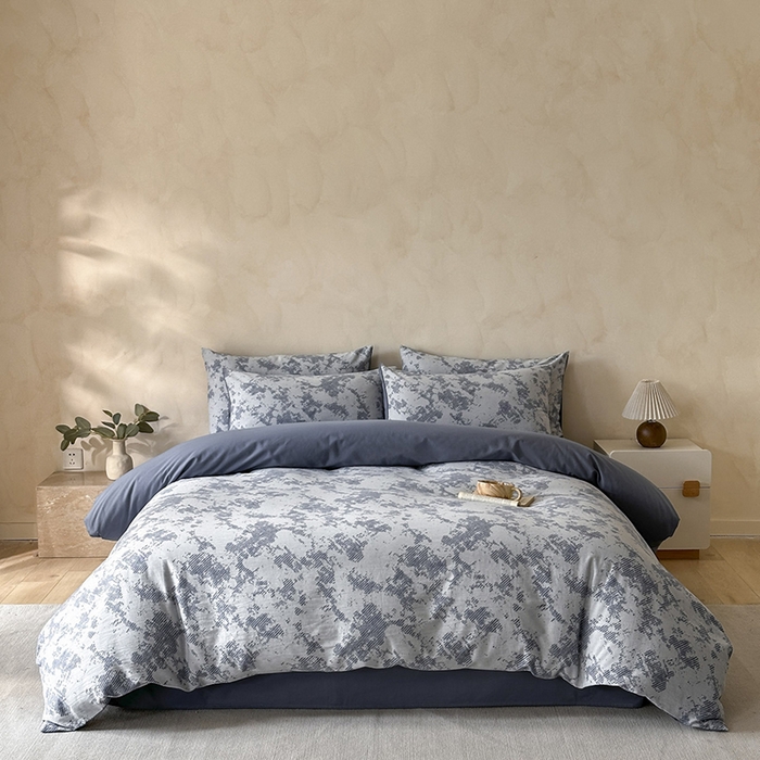 91家纺网 家纺一手货源 找家纺 小叮当家纺仓储工厂店 2025新款(买家秀 不断货)亲肤A类母婴级全棉纯棉三层纱色织提花磨毛四件套素影 素影-静谧-蓝