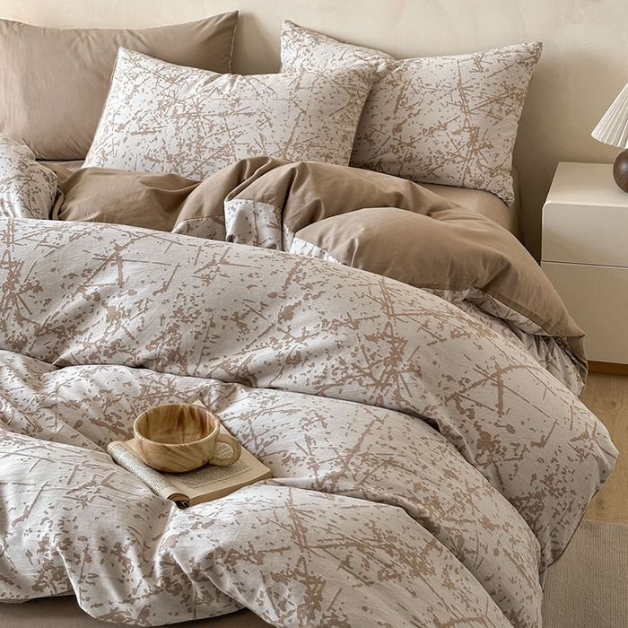 91家纺网 家纺一手货源 找家纺 小叮当家纺仓储工厂店 2025新款(买家秀 不断货)亲肤A类母婴级全棉纯棉三层纱色织提花磨毛四件套素影 素影-烟花-咖