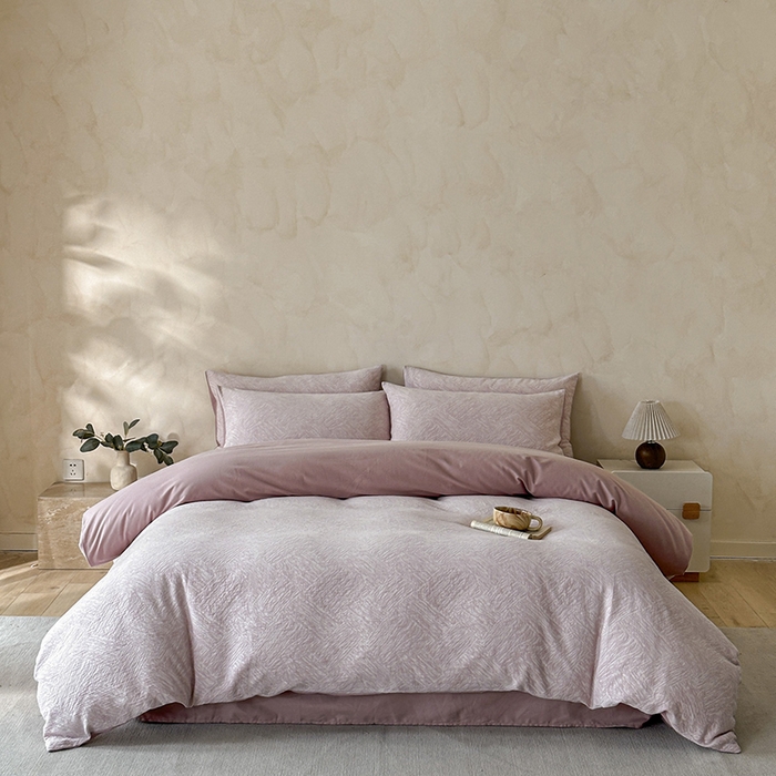 91家纺网 家纺一手货源 找家纺 小叮当家纺仓储工厂店 2025新款(买家秀 不断货)亲肤A类母婴级全棉纯棉三层纱色织提花磨毛四件套素影 素影-本色-粉