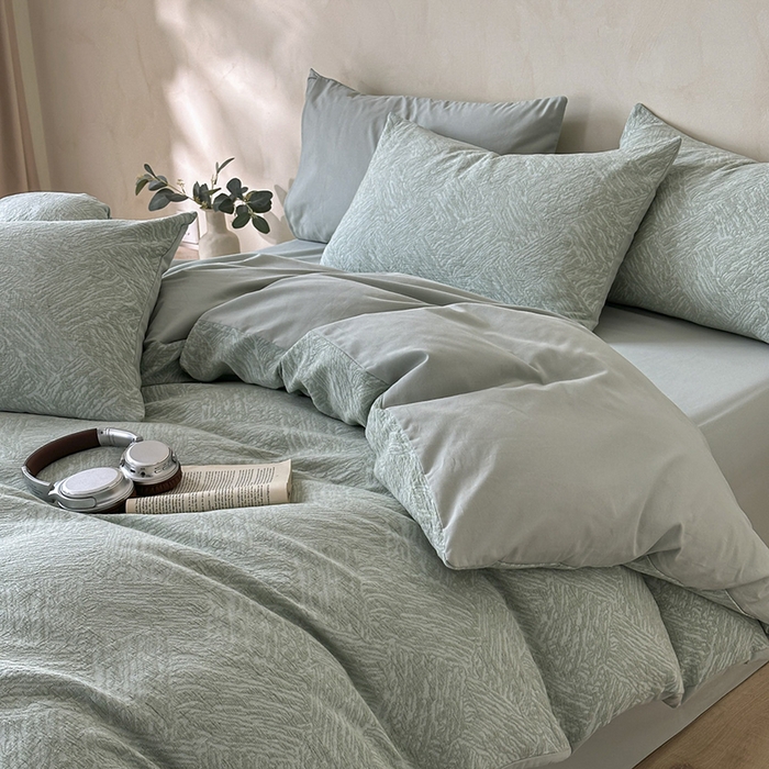 91家纺网 家纺一手货源 找家纺 小叮当家纺仓储工厂店 2025新款(买家秀 不断货)亲肤A类母婴级全棉纯棉三层纱色织提花磨毛四件套素影 素影-本色-绿