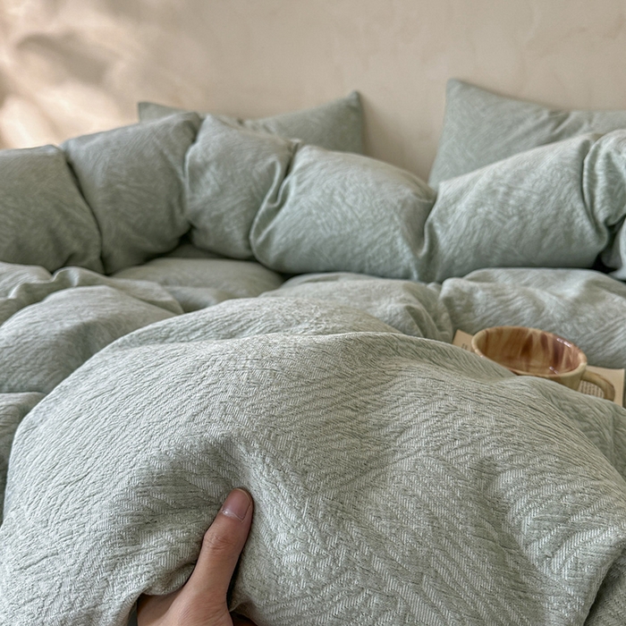 91家纺网 家纺一手货源 找家纺 小叮当家纺仓储工厂店 2025新款(买家秀 不断货)亲肤A类母婴级全棉纯棉三层纱色织提花磨毛四件套素影 素影-本色-绿