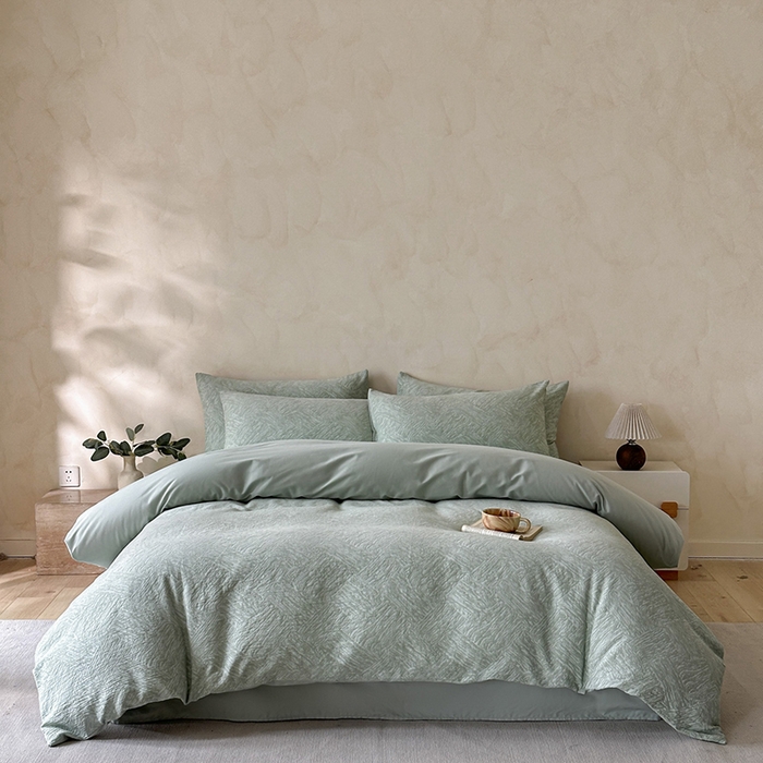 91家纺网 家纺一手货源 找家纺 小叮当家纺仓储工厂店 2025新款(买家秀 不断货)亲肤A类母婴级全棉纯棉三层纱色织提花磨毛四件套素影 素影-本色-绿