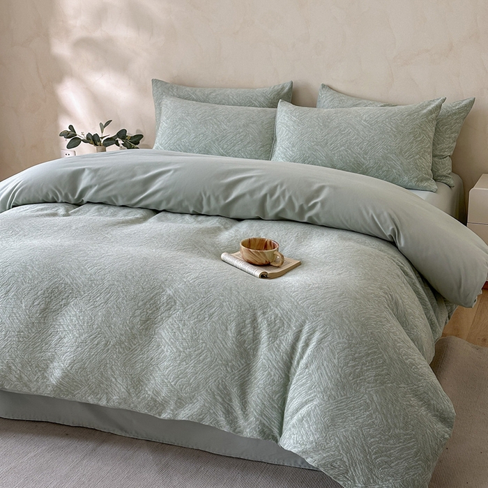 91家纺网 家纺一手货源 找家纺 小叮当家纺仓储工厂店 2025新款(买家秀 不断货)亲肤A类母婴级全棉纯棉三层纱色织提花磨毛四件套素影 素影-本色-绿