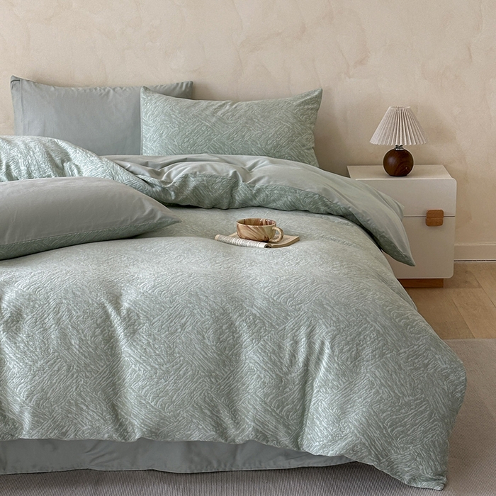 91家纺网 家纺一手货源 找家纺 小叮当家纺仓储工厂店 2025新款(买家秀 不断货)亲肤A类母婴级全棉纯棉三层纱色织提花磨毛四件套素影 素影-本色-绿