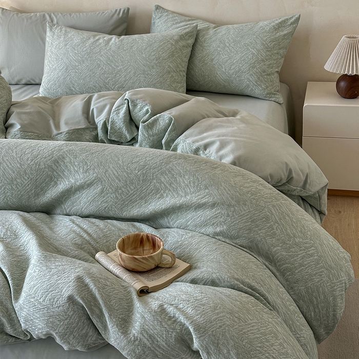 91家纺网 家纺一手货源 找家纺 小叮当家纺仓储工厂店 2025新款(买家秀 不断货)亲肤A类母婴级全棉纯棉三层纱色织提花磨毛四件套素影 素影-本色-绿