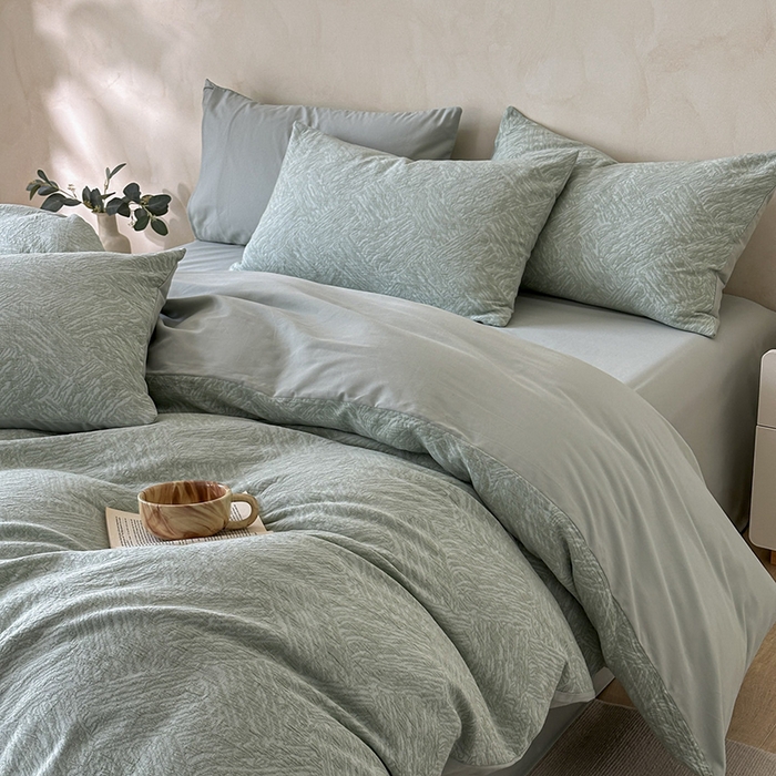 91家纺网 家纺一手货源 找家纺 小叮当家纺仓储工厂店 2025新款(买家秀 不断货)亲肤A类母婴级全棉纯棉三层纱色织提花磨毛四件套素影 素影-本色-绿