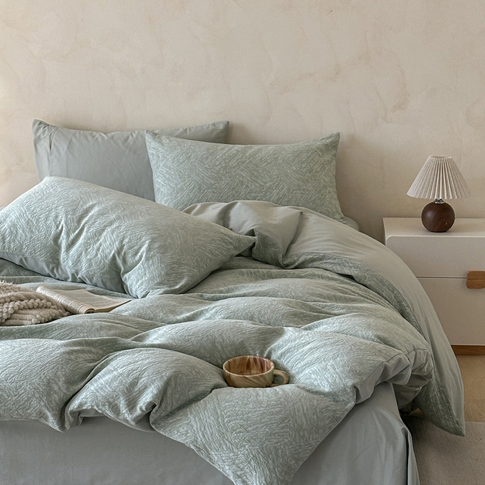 91家纺网 家纺一手货源 找家纺 小叮当家纺仓储工厂店 2025新款(买家秀 不断货)亲肤A类母婴级全棉纯棉三层纱色织提花磨毛四件套素影 素影-本色-绿