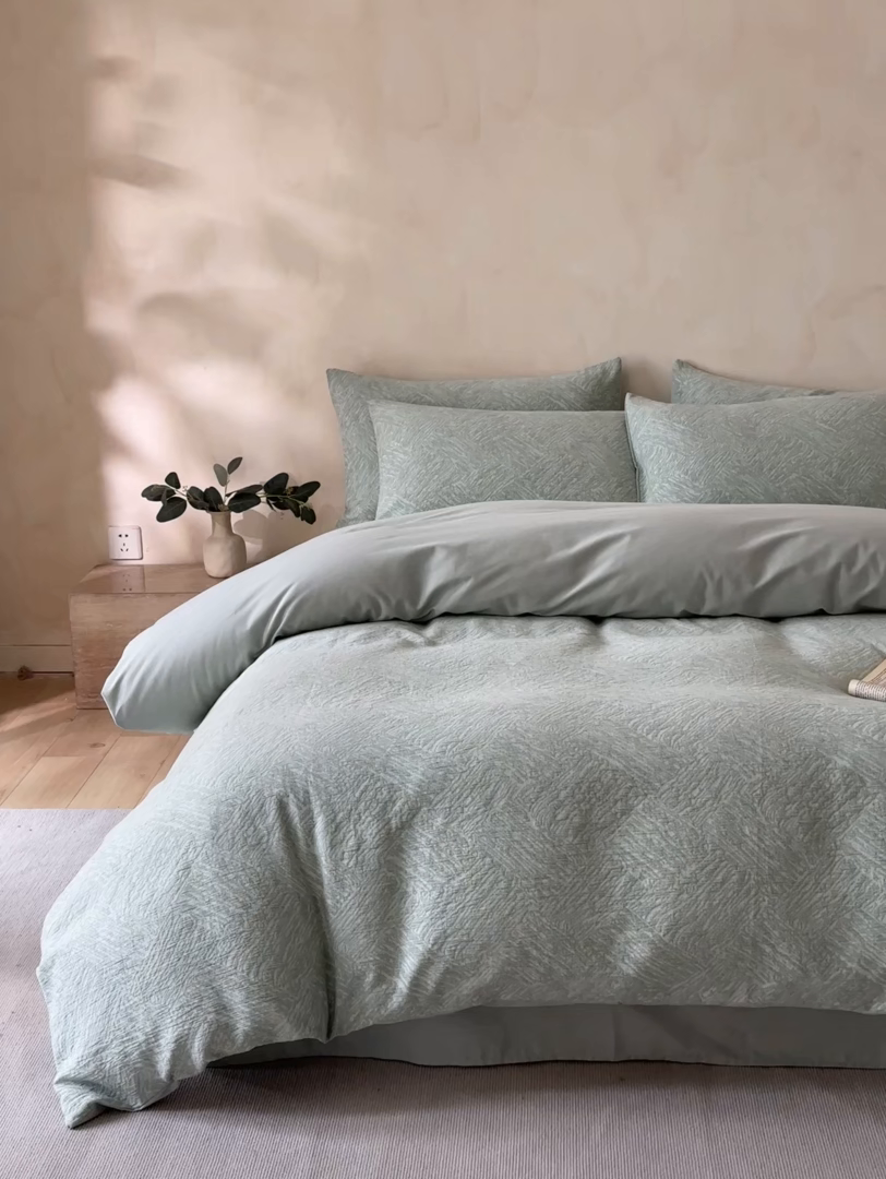 91家纺网 家纺一手货源 找家纺 小叮当家纺仓储工厂店 2025新款(买家秀 不断货)亲肤A类母婴级全棉纯棉三层纱色织提花磨毛四件套素影 素影-本色-绿