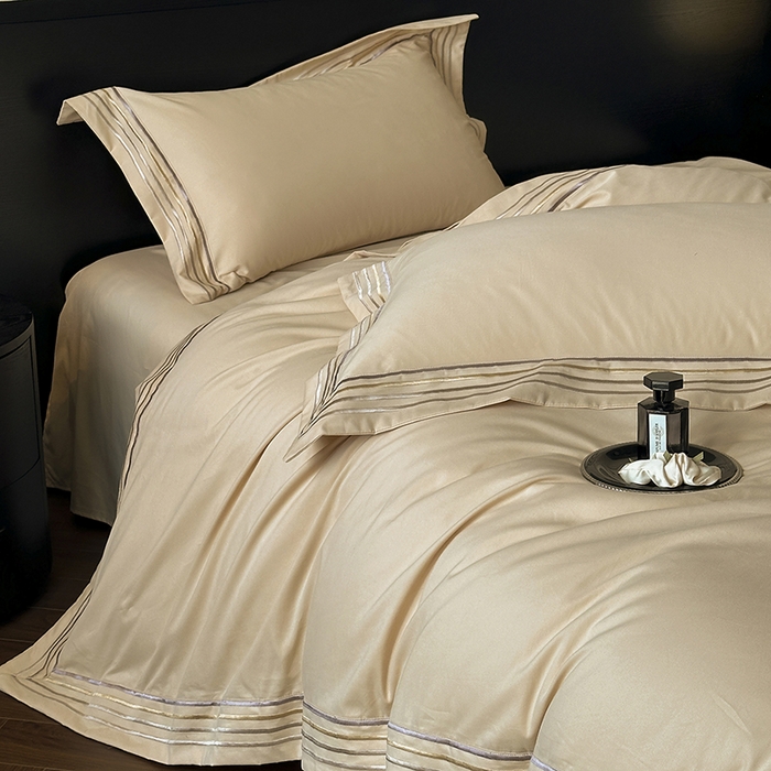 小叮当家纺仓储工厂店 2025新款A类(买家秀 不断货)全棉纯棉长绒棉纯棉加厚刺绣磨毛四件套-千浔系列 千浔-奶茶杏