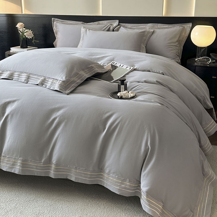 91家纺网 家纺一手货源 找家纺 小叮当家纺仓储工厂店 2025新款A类(买家秀 不断货)全棉纯棉长绒棉纯棉加厚刺绣磨毛四件套-千浔系列 千浔-天空灰