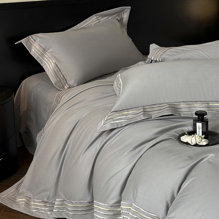 小叮当家纺仓储工厂店 2025新款A类(买家秀 不断货)全棉纯棉长绒棉纯棉加厚刺绣磨毛四件套-千浔系列 千浔-天空灰