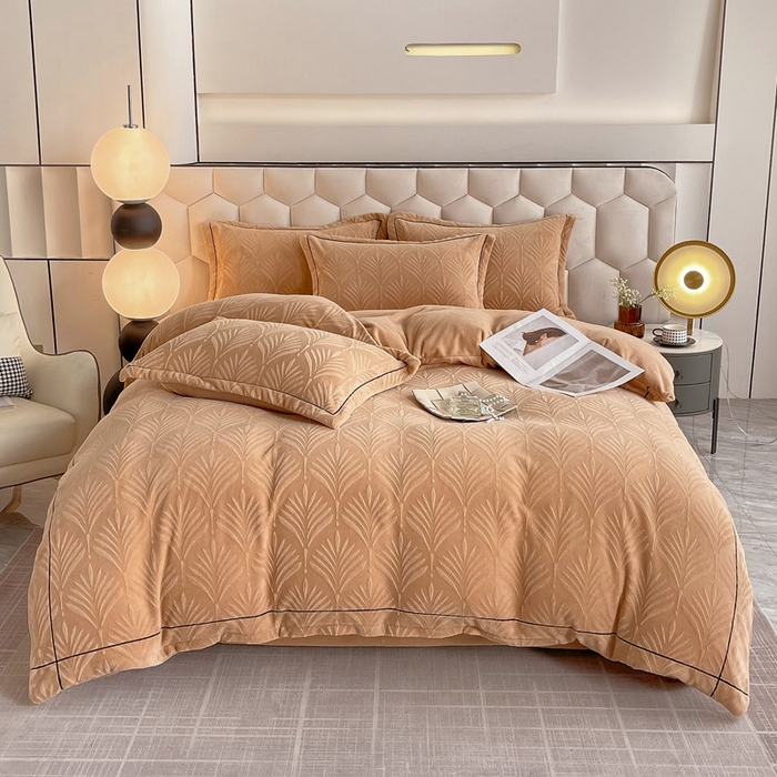 91家纺网 家纺一手货源 找家纺 慕希家纺 2025新款高克重牛奶绒雕花四件套-秘境 秘境-浅山咖