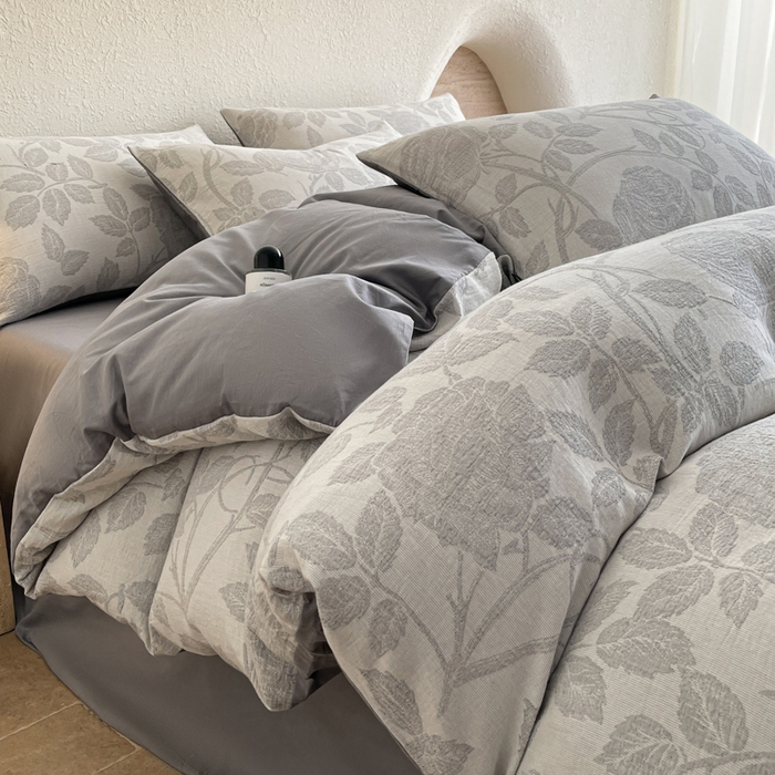 小叮当家纺仓储工厂店 2025新款秋冬(买家秀 不断货)A类亲肤全棉纯棉色织水洗三层纱提花纯棉四件套 望月-灰