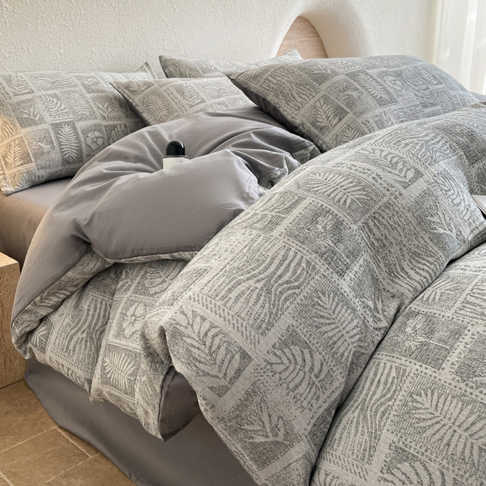 小叮当家纺仓储工厂店 2025新款秋冬(买家秀 不断货)A类亲肤全棉纯棉色织水洗三层纱提花纯棉四件套 棕榈韵致-灰