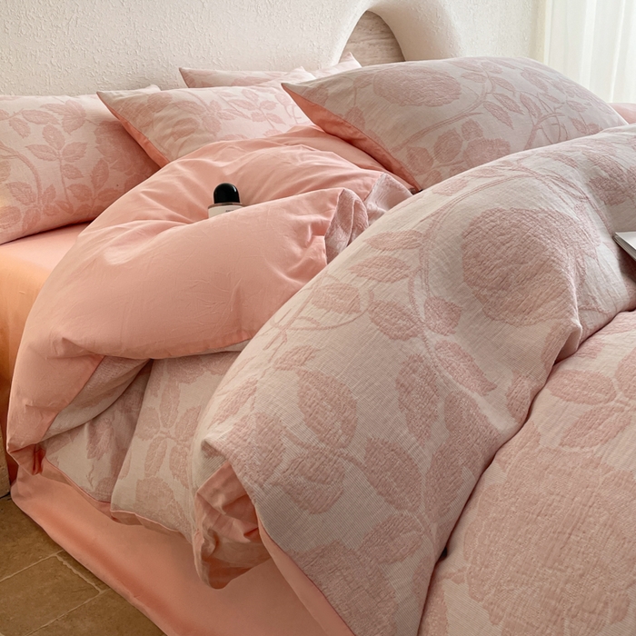 小叮当家纺仓储工厂店 2025新款秋冬(买家秀 不断货)A类亲肤全棉纯棉色织水洗三层纱提花纯棉四件套 望月-粉