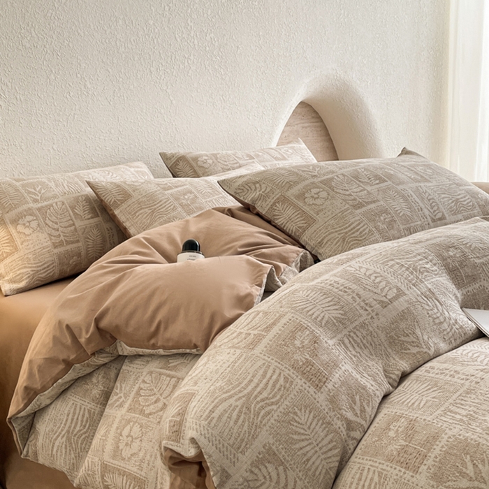 91家纺网 家纺一手货源 找家纺 小叮当家纺仓储工厂店 2025新款秋冬(买家秀 不断货)A类亲肤全棉纯棉色织水洗三层纱提花纯棉四件套 棕榈韵致-咖