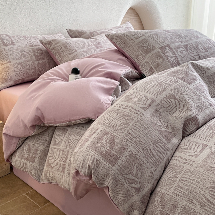 小叮当家纺仓储工厂店 2025新款秋冬(买家秀 不断货)A类亲肤全棉纯棉色织水洗三层纱提花纯棉四件套 棕榈韵致-棕