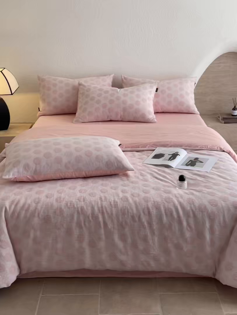 91家纺网 家纺一手货源 找家纺 小叮当家纺仓储工厂店 2025新款秋冬(买家秀 不断货)A类亲肤全棉纯棉色织水洗三层纱提花纯棉四件套 波妞-粉