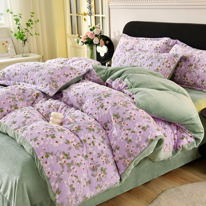 畅畅家纺 2025新款亲肤舒适冬季保暖8斤重牛奶绒6D雕花绒床单四件套 桃花朵朵-紫