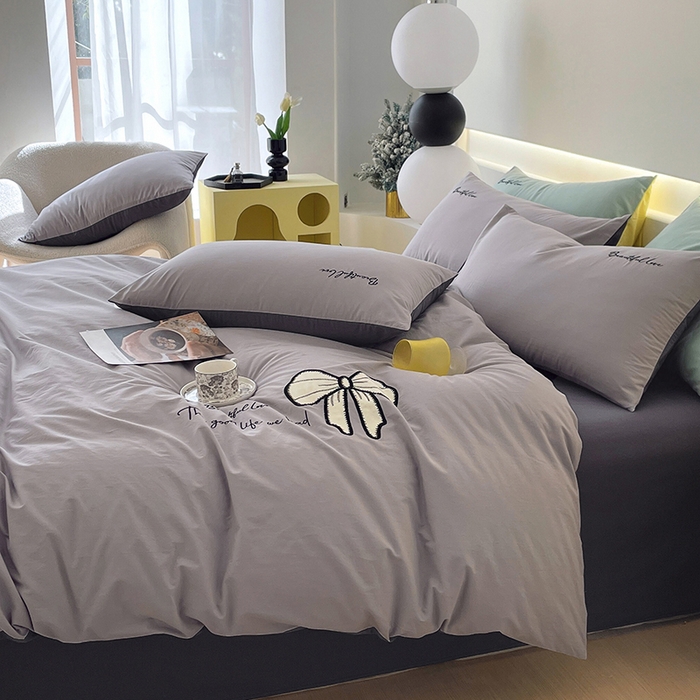 91家纺网 家纺一手货源 找家纺 小叮当家纺仓储工厂店 2025新款(买家秀不断货)A类母婴及全棉纯棉水洗棉刺绣贴布绣四件套--初恋系列 迷雾灰+高级灰