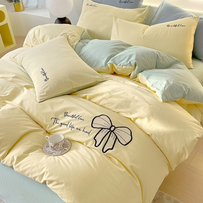 91家纺网 家纺一手货源 找家纺 小叮当家纺仓储工厂店 2025新款(买家秀不断货)A类母婴及全棉纯棉水洗棉刺绣贴布绣四件套--初恋系列 米黄+水绿