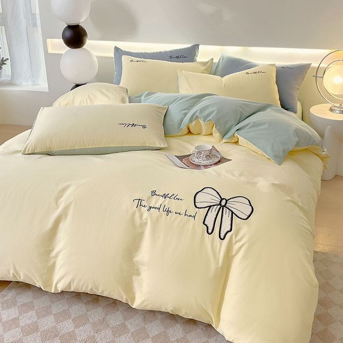 91家纺网 家纺一手货源 找家纺 小叮当家纺仓储工厂店 2025新款(买家秀不断货)A类母婴及全棉纯棉水洗棉刺绣贴布绣四件套--初恋系列 米黄+水绿