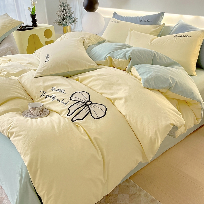 91家纺网 家纺一手货源 找家纺 小叮当家纺仓储工厂店 2025新款(买家秀不断货)A类母婴及全棉纯棉水洗棉刺绣贴布绣四件套--初恋系列 米黄+水绿