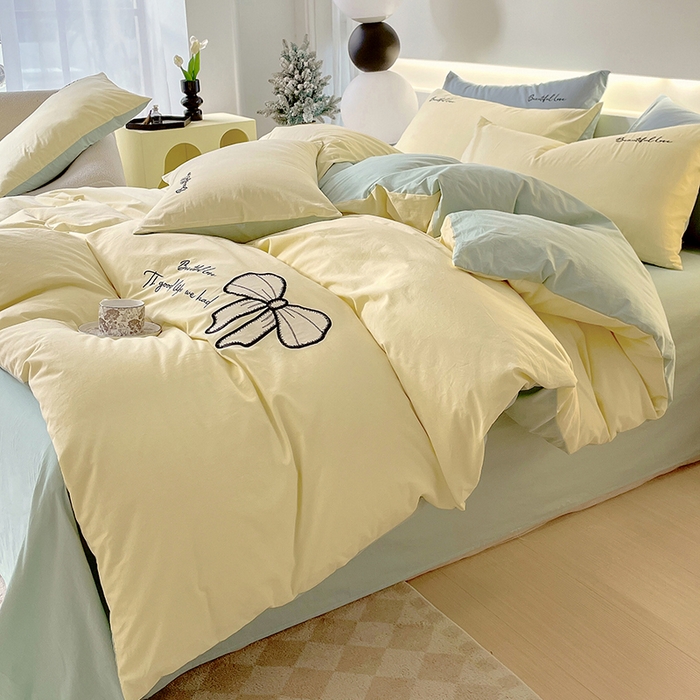 91家纺网 家纺一手货源 找家纺 小叮当家纺仓储工厂店 2025新款(买家秀不断货)A类母婴及全棉纯棉水洗棉刺绣贴布绣四件套--初恋系列 米黄+水绿