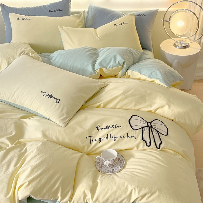 91家纺网 家纺一手货源 找家纺 小叮当家纺仓储工厂店 2025新款(买家秀不断货)A类母婴及全棉纯棉水洗棉刺绣贴布绣四件套--初恋系列 米黄+水绿