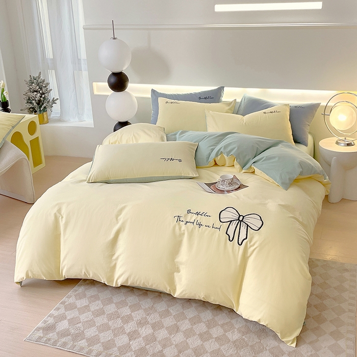 91家纺网 家纺一手货源 找家纺 小叮当家纺仓储工厂店 2025新款(买家秀不断货)A类母婴及全棉纯棉水洗棉刺绣贴布绣四件套--初恋系列 米黄+水绿