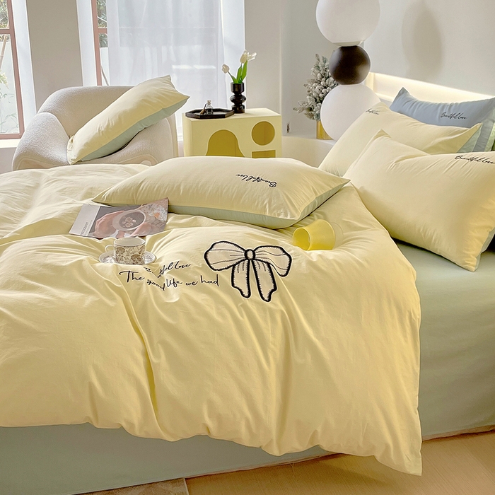 91家纺网 家纺一手货源 找家纺 小叮当家纺仓储工厂店 2025新款(买家秀不断货)A类母婴及全棉纯棉水洗棉刺绣贴布绣四件套--初恋系列 米黄+水绿