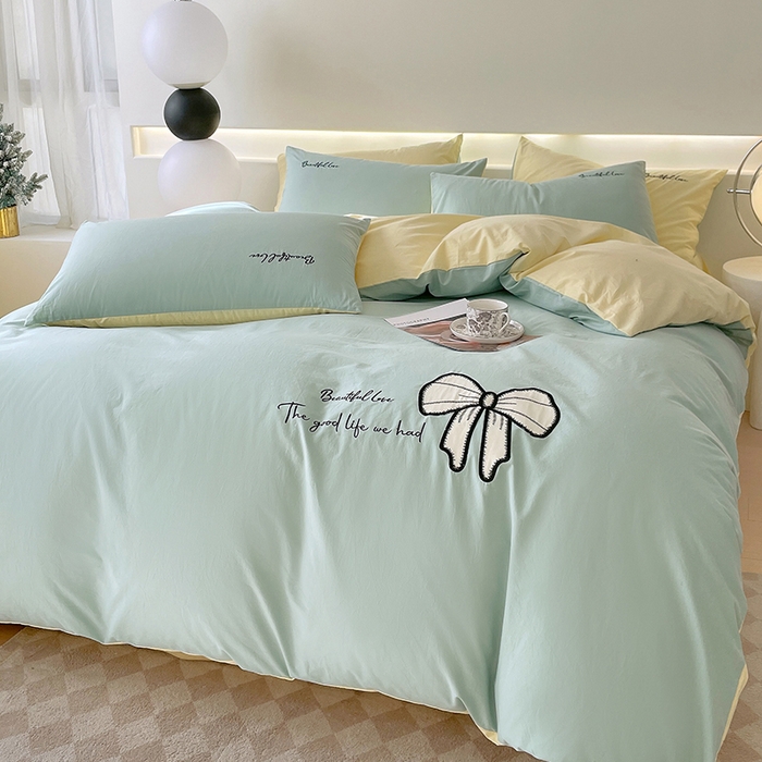 91家纺网 家纺一手货源 找家纺 小叮当家纺仓储工厂店 2025新款(买家秀不断货)A类母婴及全棉纯棉水洗棉刺绣贴布绣四件套--初恋系列 水绿+米黄