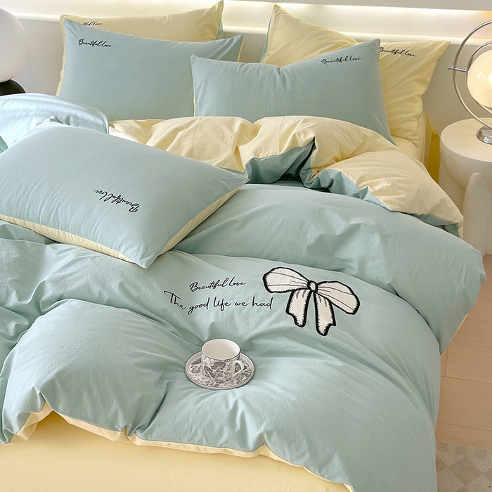 91家纺网 家纺一手货源 找家纺 小叮当家纺仓储工厂店 2025新款(买家秀不断货)A类母婴及全棉纯棉水洗棉刺绣贴布绣四件套--初恋系列 水绿+米黄