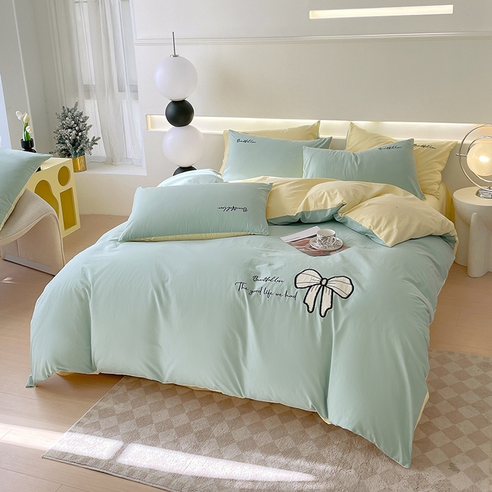 91家纺网 家纺一手货源 找家纺 小叮当家纺仓储工厂店 2025新款(买家秀不断货)A类母婴及全棉纯棉水洗棉刺绣贴布绣四件套--初恋系列 水绿+米黄