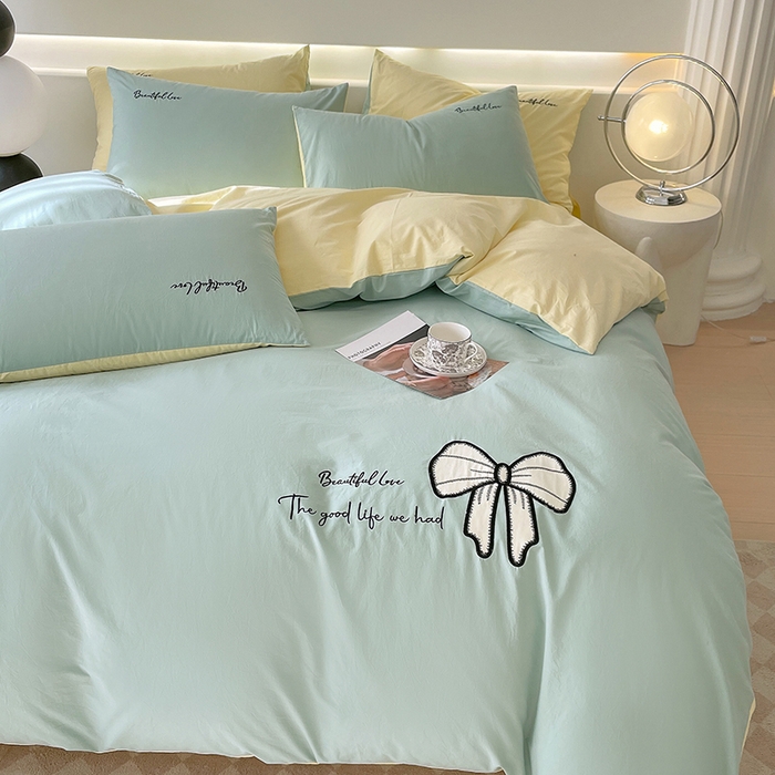 91家纺网 家纺一手货源 找家纺 小叮当家纺仓储工厂店 2025新款(买家秀不断货)A类母婴及全棉纯棉水洗棉刺绣贴布绣四件套--初恋系列 水绿+米黄