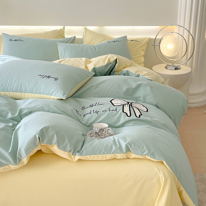 91家纺网 家纺一手货源 找家纺 小叮当家纺仓储工厂店 2025新款(买家秀不断货)A类母婴及全棉纯棉水洗棉刺绣贴布绣四件套--初恋系列 水绿+米黄