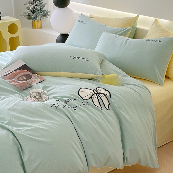 91家纺网 家纺一手货源 找家纺 小叮当家纺仓储工厂店 2025新款(买家秀不断货)A类母婴及全棉纯棉水洗棉刺绣贴布绣四件套--初恋系列 水绿+米黄