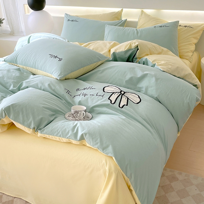 91家纺网 家纺一手货源 找家纺 小叮当家纺仓储工厂店 2025新款(买家秀不断货)A类母婴及全棉纯棉水洗棉刺绣贴布绣四件套--初恋系列 水绿+米黄