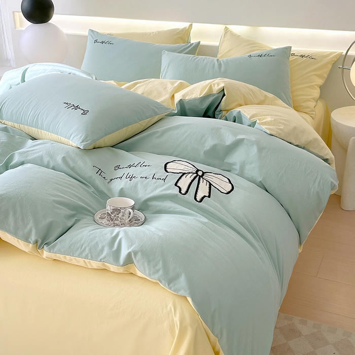 91家纺网 家纺一手货源 找家纺 小叮当家纺仓储工厂店 2025新款(买家秀不断货)A类母婴及全棉纯棉水洗棉刺绣贴布绣四件套--初恋系列 水绿+米黄