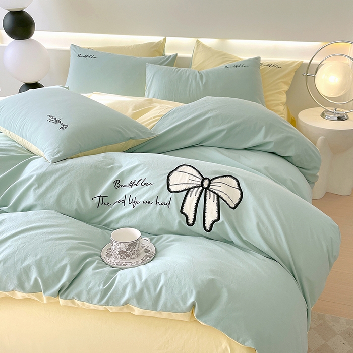 91家纺网 家纺一手货源 找家纺 小叮当家纺仓储工厂店 2025新款(买家秀不断货)A类母婴及全棉纯棉水洗棉刺绣贴布绣四件套--初恋系列 水绿+米黄