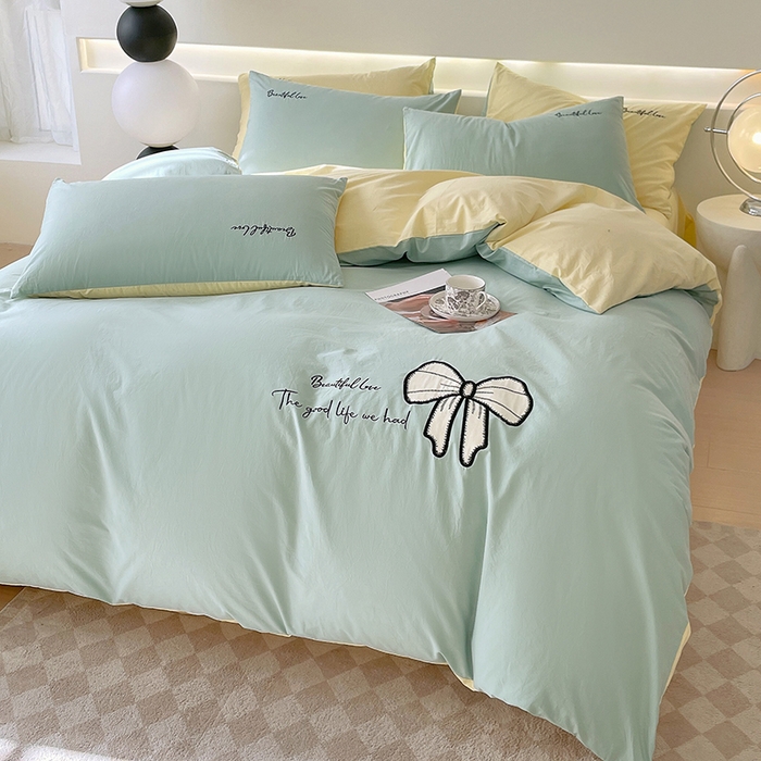 91家纺网 家纺一手货源 找家纺 小叮当家纺仓储工厂店 2025新款(买家秀不断货)A类母婴及全棉纯棉水洗棉刺绣贴布绣四件套--初恋系列 水绿+米黄