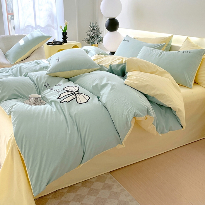 91家纺网 家纺一手货源 找家纺 小叮当家纺仓储工厂店 2025新款(买家秀不断货)A类母婴及全棉纯棉水洗棉刺绣贴布绣四件套--初恋系列 水绿+米黄