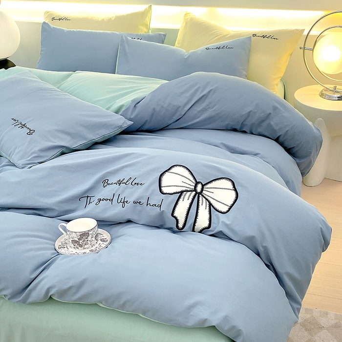 小叮当家纺仓储工厂店 2025新款(买家秀不断货)A类母婴及全棉纯棉水洗棉刺绣贴布绣四件套--初恋系列 梵星蓝+水绿