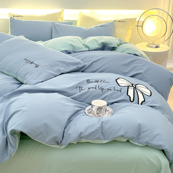 91家纺网 家纺一手货源 找家纺 小叮当家纺仓储工厂店 2025新款(买家秀不断货)A类母婴及全棉纯棉水洗棉刺绣贴布绣四件套--初恋系列 梵星蓝+水绿