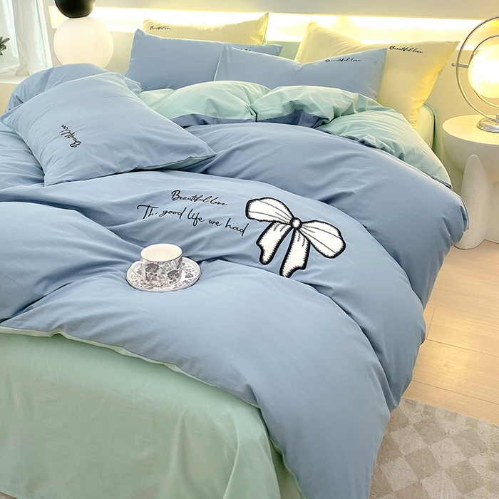 91家纺网 家纺一手货源 找家纺 小叮当家纺仓储工厂店 2025新款(买家秀不断货)A类母婴及全棉纯棉水洗棉刺绣贴布绣四件套--初恋系列 梵星蓝+水绿