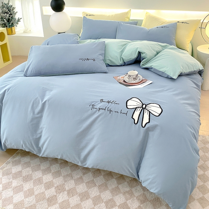 91家纺网 家纺一手货源 找家纺 小叮当家纺仓储工厂店 2025新款(买家秀不断货)A类母婴及全棉纯棉水洗棉刺绣贴布绣四件套--初恋系列 梵星蓝+水绿